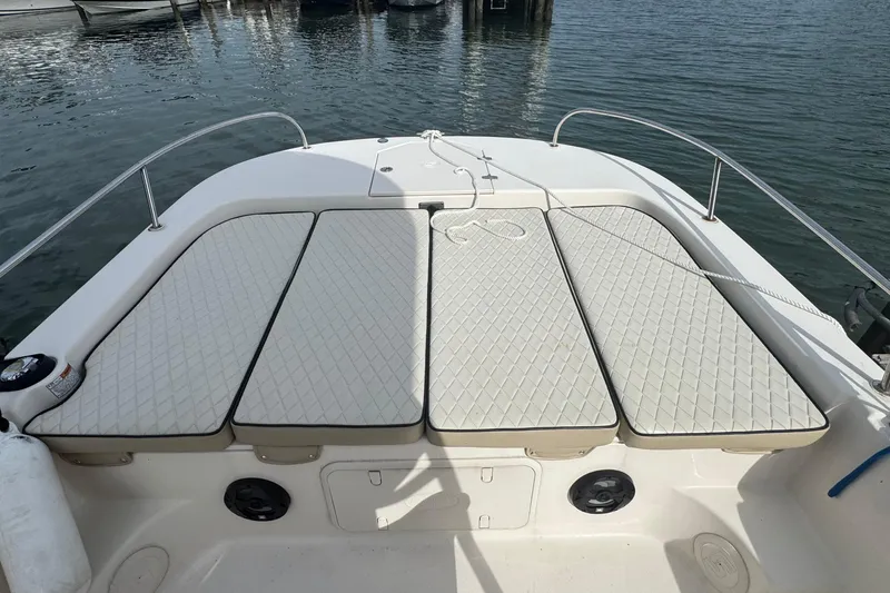 Slide: The Image of 2021 Carolina Skiff 21 LS boat with cushioned seating, docked on calm water. - 15