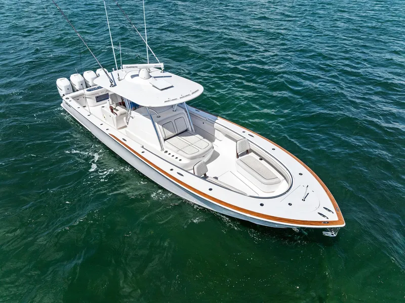 Slide: The Image of 2021 Valhalla Boatworks V-41 cruising on open water, aerial view. - 10