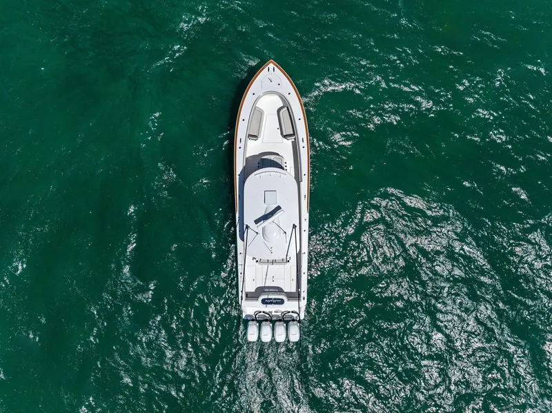 Slide: The Image of Aerial view of 2021 Valhalla Boatworks V-41 cruising on open water. - 17