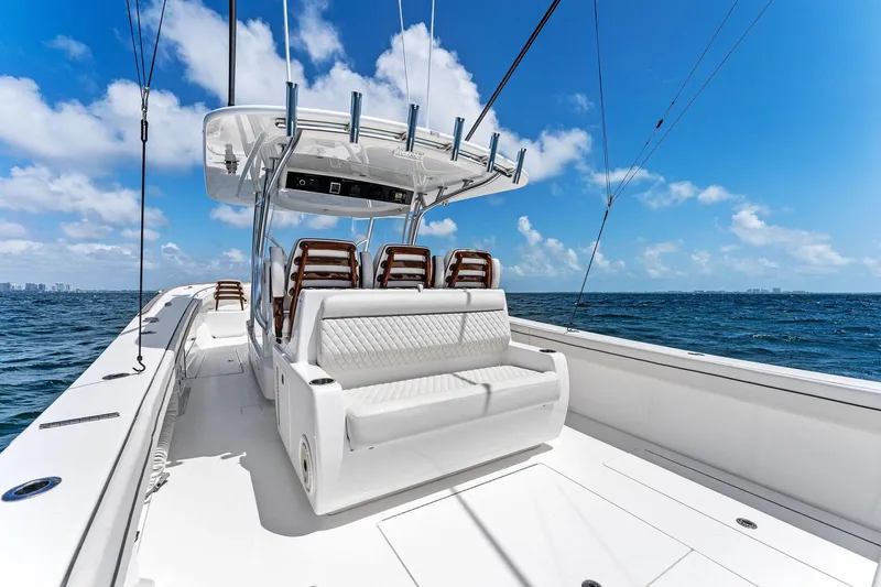 Slide: The Image of 2021 Valhalla Boatworks V-41 on open sea, featuring sleek design and comfortable seating. - 28