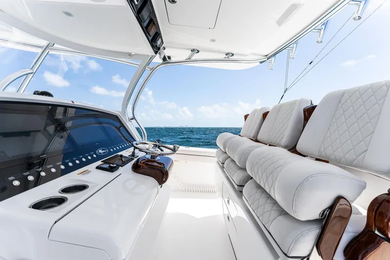 Slide: The Image of 2021 Valhalla Boatworks V-41 interior with luxurious seating and ocean view. - 43