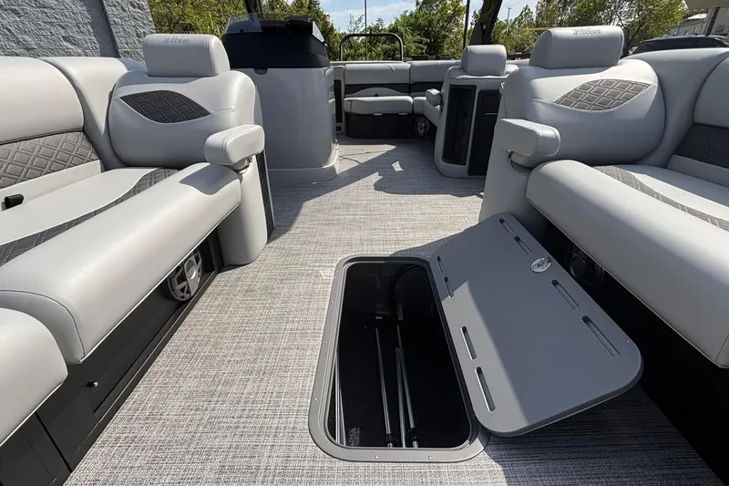 Slide: The Image of Luxurious interior of 2026 JC NEPTOON 27TT SPORT pontoon boat with plush seating and storage. - 35