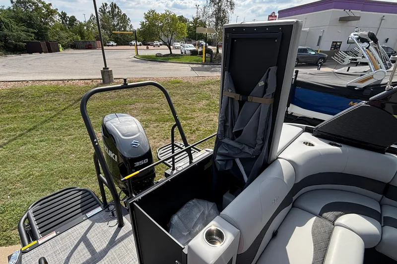 Slide: The Image of 2026 JC NEPTOON 27TT SPORT boat with Suzuki 350 engine, open storage compartment, and seating area. - 42