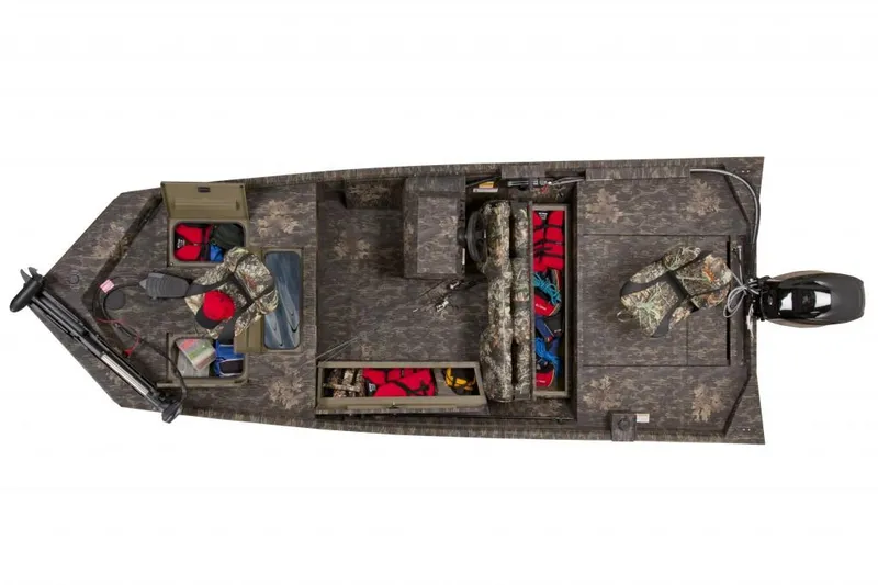 Slide: The Image of Manufacturer Provided Image: 2016 Lowe Roughneck 1756SC boat interior with camouflage seats and storage compartments. - 16