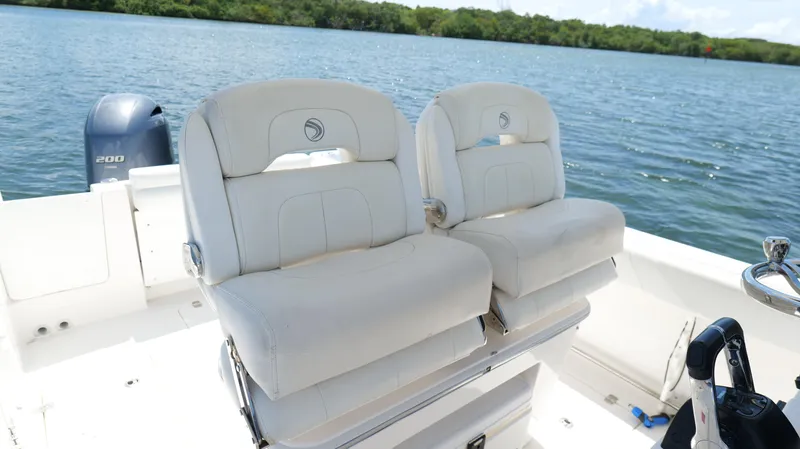 Slide: The Image of Edgewater 262CC 2017 boat with dual white seats on a calm lake. - 18