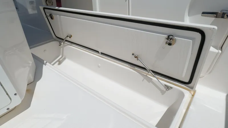Slide: The Image of 2017 Edgewater 262CC boat storage compartment with open hatch and hydraulic supports. - 49