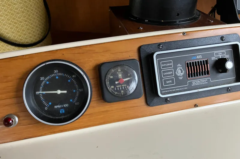 Slide: The Image of 1987 President 37 Sundeck dashboard with gauges and gas vapor detector. - 31