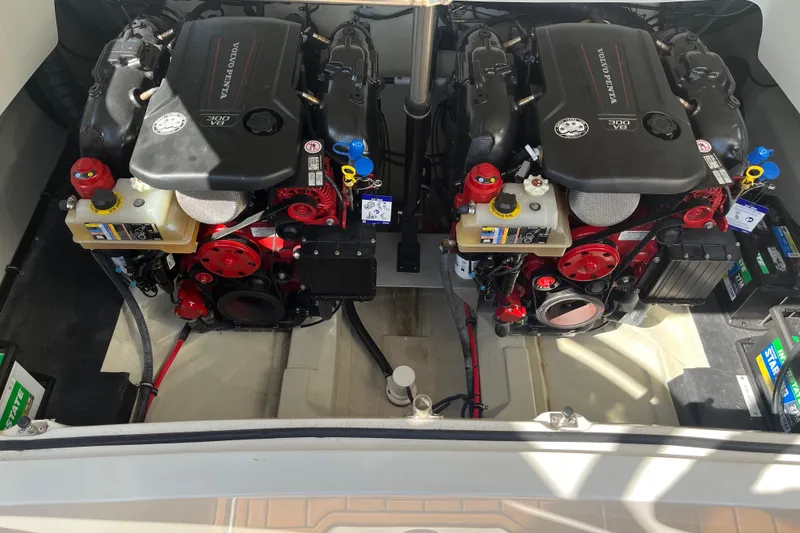 Slide: The Image of 2021 Cobalt R30 boat engine compartment with dual Volvo Penta V8 engines. - 17