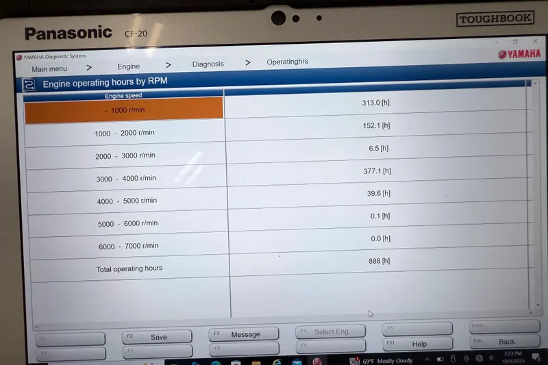 Slide: The Image of Panasonic Toughbook displaying Yamaha engine operating hours for Sea Hunt Gamefish 25, 2015 model. - 23