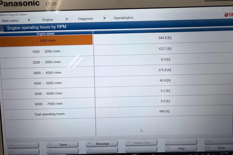 Slide: The Image of Panasonic CF-20 displaying engine operating hours by RPM for 2015 Sea Hunt Gamefish 25. - 24