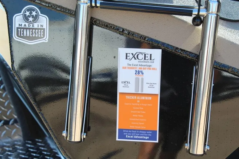 Slide: The Image of 2026 Excel Bay Pro Elite 230 boat, featuring durable aluminum hull, made in Tennessee. - 6