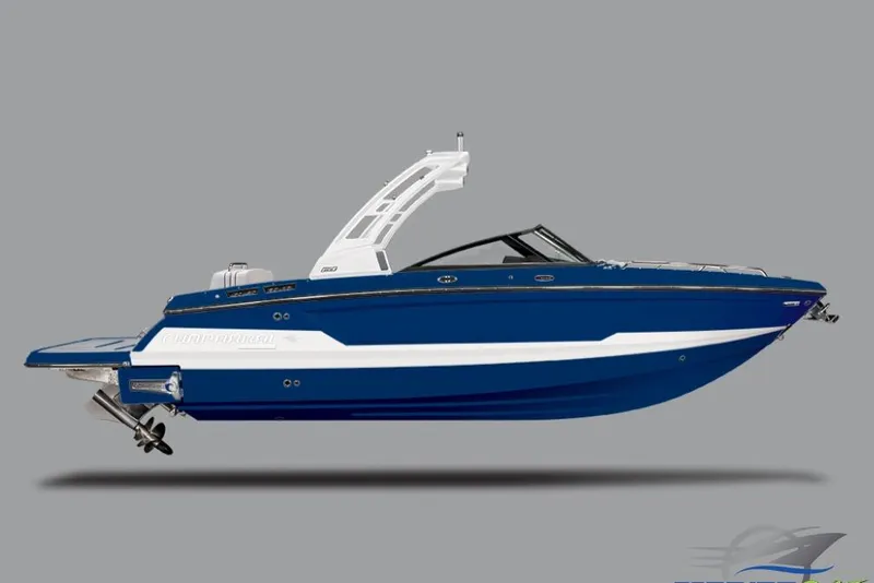 Slide: The Image of 2026 Chaparral GTS 6 boat displayed on a trailer at an indoor exhibition. - 1