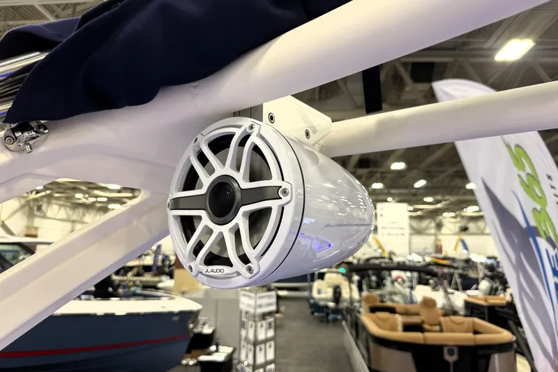 Slide: The Image of Close-up of JL Audio speaker on 2026 Chaparral GTS 6 boat at indoor exhibition. - 39