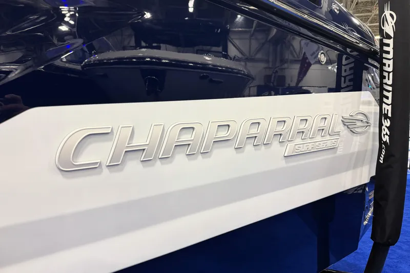 Slide: The Image of 2026 Chaparral GTS 6 boat with sleek design and Chaparral Surf Series branding. - 41