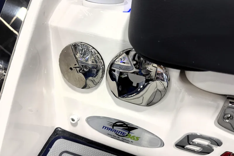 Slide: The Image of 2026 Chaparral GTS 6 boat detail with chrome fixtures and Marine 365 logo. - 43