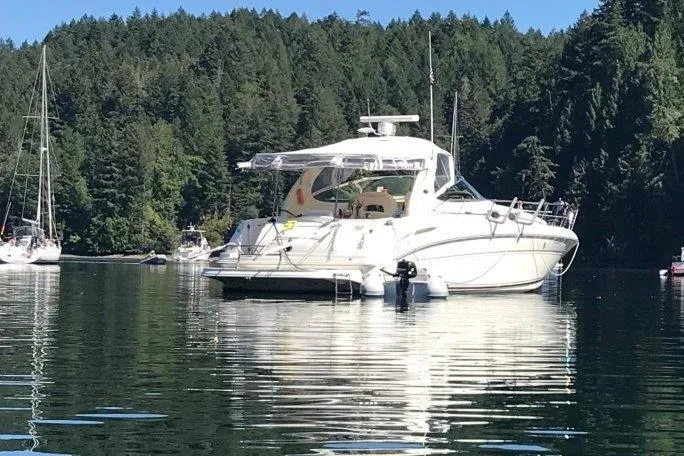 Slide: The Image of 2003 Sea Ray 360 Sundancer yacht anchored in a serene forested bay. - 4