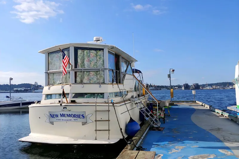 Slide: The Image of 1970 Chris-Craft Commander 42 docked, featuring "New Memories" nameplate, with scenic waterfront view. - 3