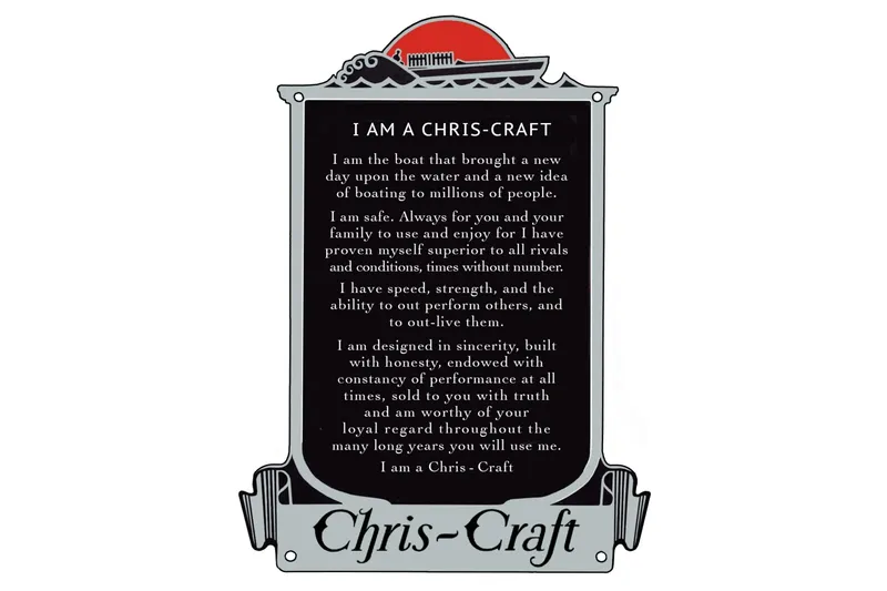 Slide: The Image of Plaque with Chris-Craft Commander 42, 1970, highlighting boat's safety, speed, and craftsmanship. - 78