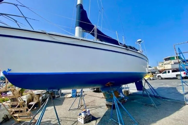 Slide: The Image of 1989 Hunter Vision 32 sailboat on stands, undergoing maintenance in a sunny marina. - 1