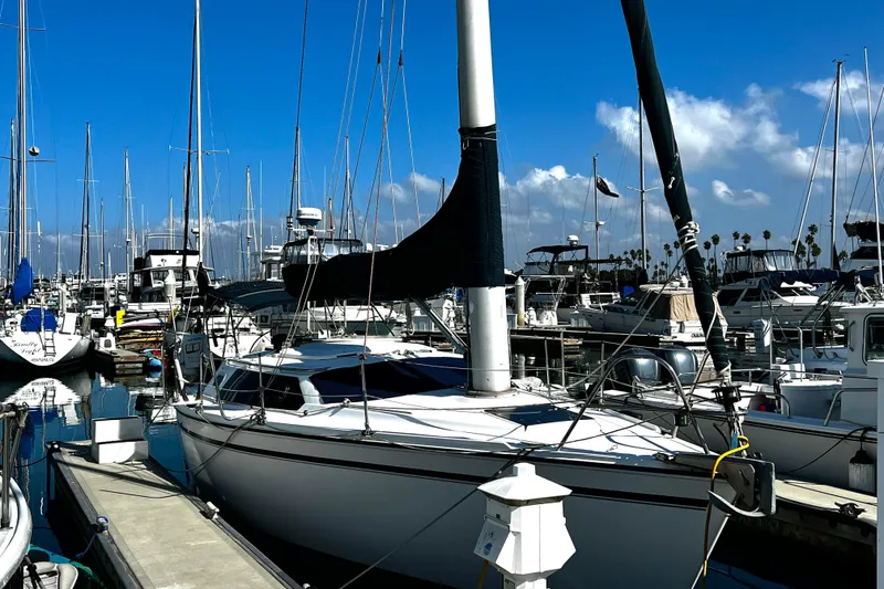 Slide: The Image of 1989 Hunter Vision 32 sailboat docked in a marina under a clear blue sky. - 8