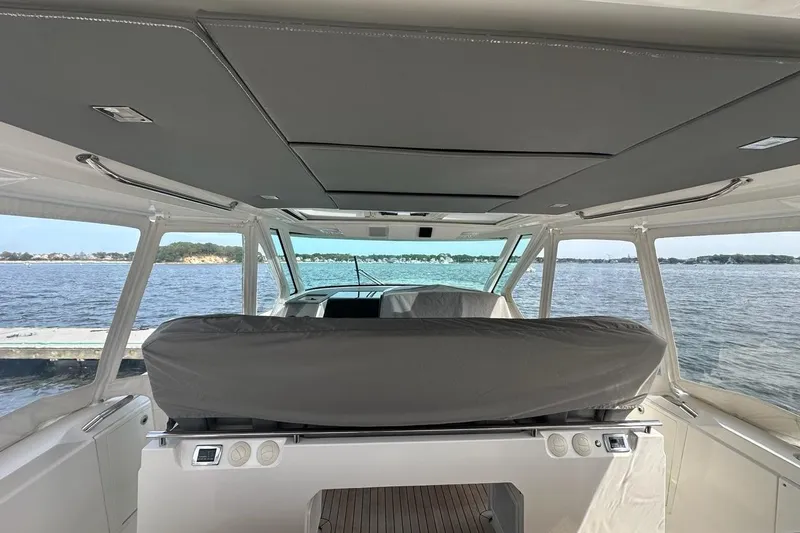 Slide: The Image of Interior view of 2021 Tiara Sport 43 LS yacht with ocean backdrop. - 47