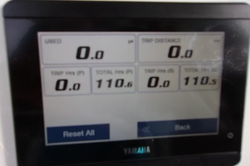 Slide: The Image of Yamaha display showing trip and total hours for 2025 Tidewater 320 CC Adventure. - 18