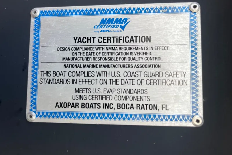 Slide: The Image of Yacht certification plaque for 2021 Axopar 37 Cross Cabin, NMMA and U.S. Coast Guard compliant. - 13