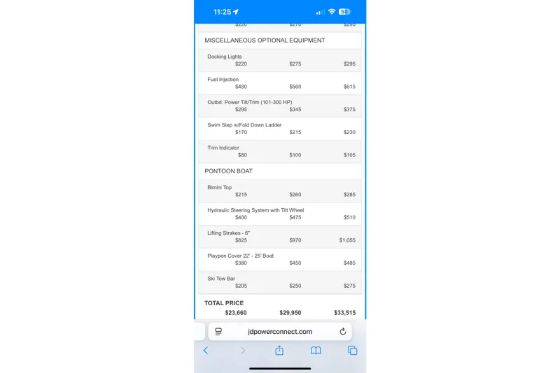 Slide: The Image of Price list for JC 241 Spirit TT Sport 2015, featuring optional equipment and total price. - 13