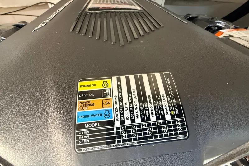 Slide: The Image of Engine specifications label on 2004 Four Winns 210 Horizon boat. - 30