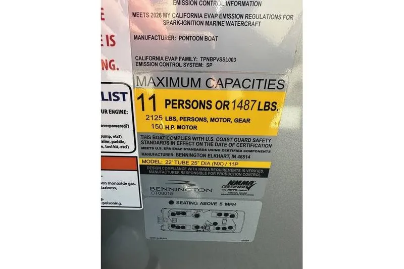 Slide: The Image of 2026 Bennington 23 SSR Quad Bench capacity label, 11 persons or 1487 lbs, 150 HP motor. - 13