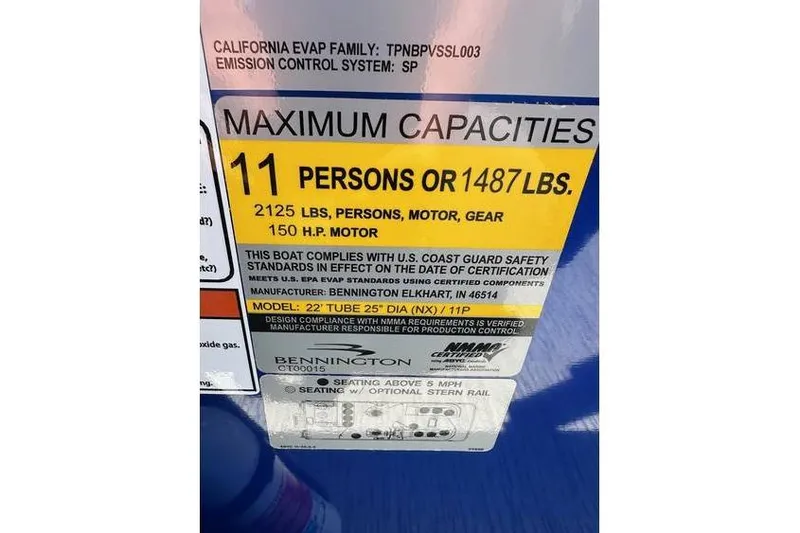 Slide: The Image of 2026 Bennington 23 SSB Swing Back Pontoon capacity label, 11 persons or 1487 lbs, 150 HP motor. - 13