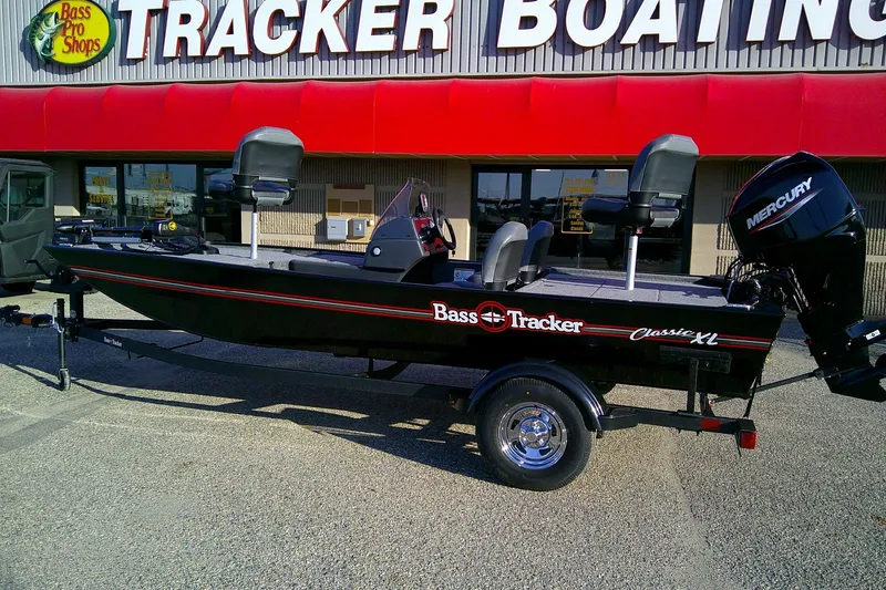 Slide: The Image of 2026 Tracker Bass Tracker Classic XL boat displayed at Bass Pro Shops. - 2