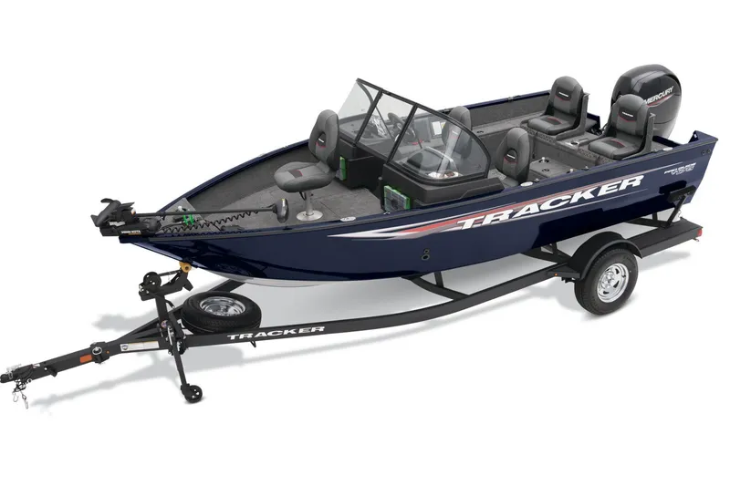 The Image of 2026 Tracker Pro Guide V-175 Combo boat in red, side view on trailer. - 0