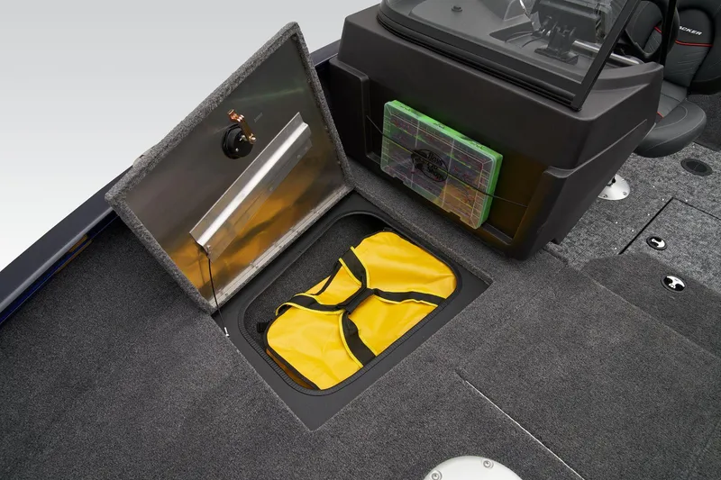 Slide: The Image of 2026 Tracker Pro Guide V-175 Combo boat interior with gray carpet and seating. - 23