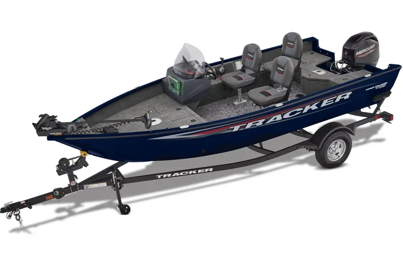 Slide: The Image of 2026 Tracker Pro Guide V-16 SC boat, red, equipped with Minn Kota motor, parked outdoors. - 2