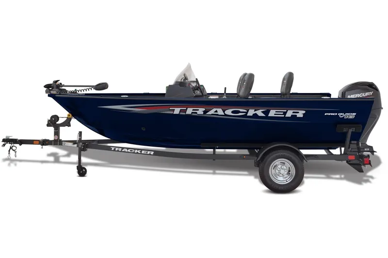 Slide: The Image of Red 2026 Tracker Pro Guide V-16 SC boat with Mercury 60 engine on trailer. - 5