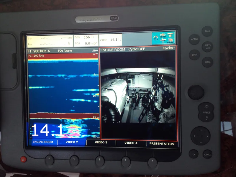Slide: The Image of Display screen on a 2004 Sea Ray 500 Sundancer showing engine room and sonar data. - 21