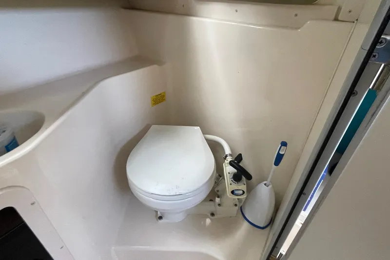 Slide: The Image of 2001 Grady-White Sailfish 255 boat bathroom with marine toilet and cleaning brush. - 32
