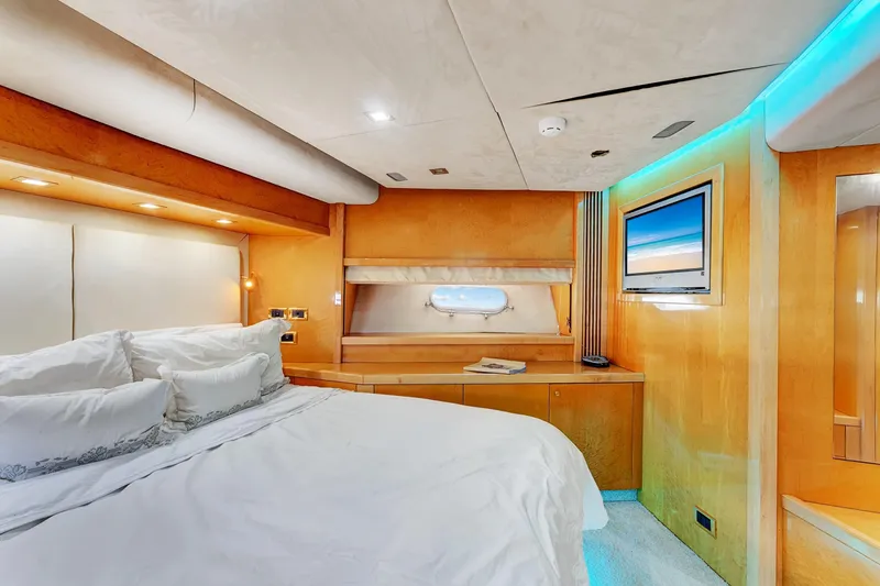 Slide: The Image of Luxurious bedroom interior of 2007 Sunseeker Predator 108 yacht with modern amenities. - 16