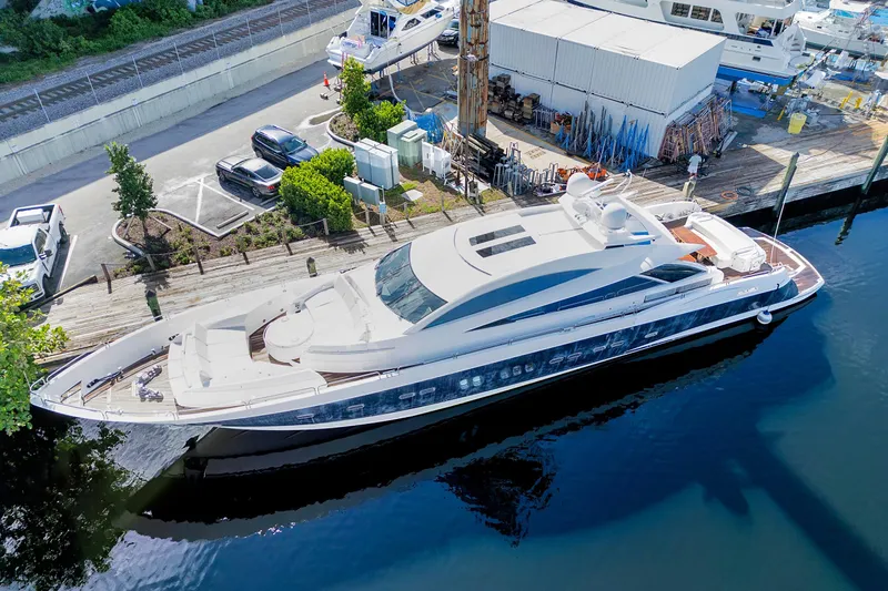 Slide: The Image of Aerial view of 2007 Sunseeker Predator 108 yacht docked at marina. - 2