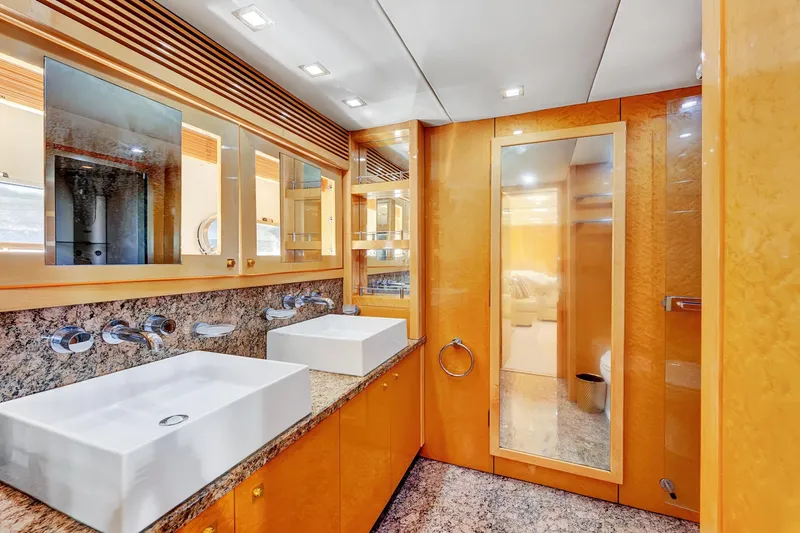 Slide: The Image of Luxurious bathroom interior of 2007 Sunseeker Predator 108 yacht with dual sinks and elegant finishes. - 24