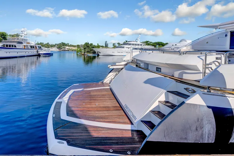 Slide: The Image of Luxury Sunseeker Predator 108 yacht docked in a serene marina, 2007 model. - 45