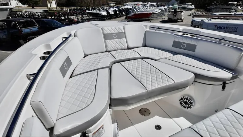 Slide: The Image of Luxurious seating on 2025 Sea Fox 268 Commander boat, featuring diamond-stitched upholstery. - 18