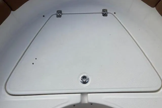 Slide: The Image of 2022 Pioneer 202 Islander boat storage compartment with secure latch and hinges. - 19