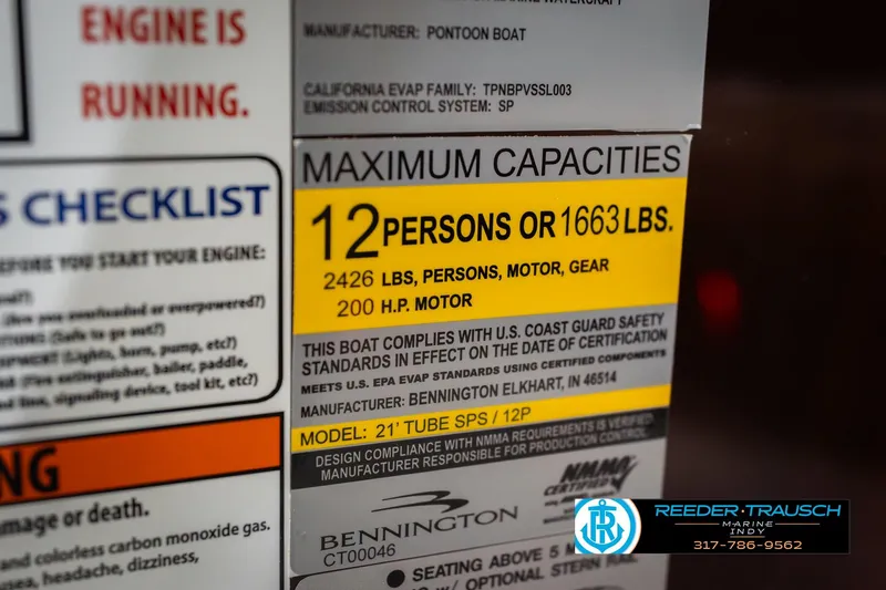 Slide: The Image of Bennington 22 ML 2026 boat capacity label: 12 persons or 1663 lbs, 200 HP motor. - 60