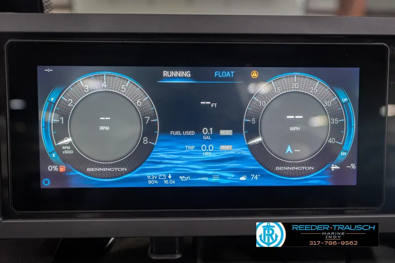 Slide: The Image of Dashboard display of a 2026 Bennington 24 MSL boat showing RPM and MPH gauges. - 42