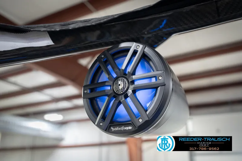 Slide: The Image of Rockford Fosgate speaker on 2026 Bennington 24 MSL boat, featuring blue LED lighting. - 51
