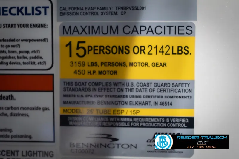 Slide: The Image of Capacity label for 2026 Bennington 24 MSL, 15 persons or 2142 lbs, 450 HP motor. - 61