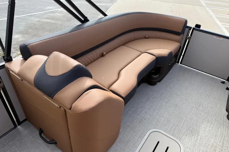 Slide: The Image of Luxurious seating on 2026 Avalon Catalina Entertainer Funship, featuring elegant brown and black upholstery. - 15