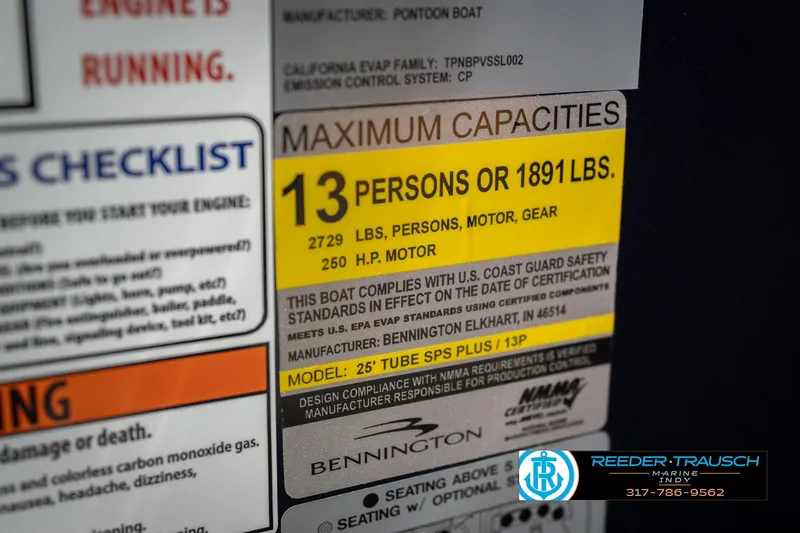 Slide: The Image of Bennington 26 MSL 2026 boat capacity label, 13 persons or 1891 lbs, 250 HP motor. - 62